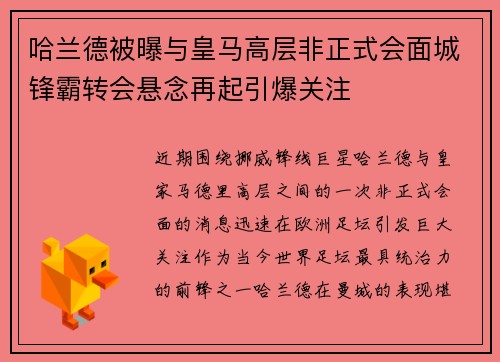 哈兰德被曝与皇马高层非正式会面城锋霸转会悬念再起引爆关注 哈兰德被曝与皇马高层非正式会面城锋霸转会悬念再起引爆关注
